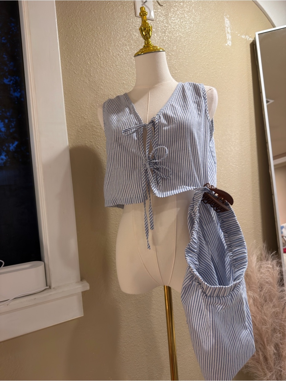 SHEIN Blue and White Striped Cropped Tie-Front Top with Matching Bag
